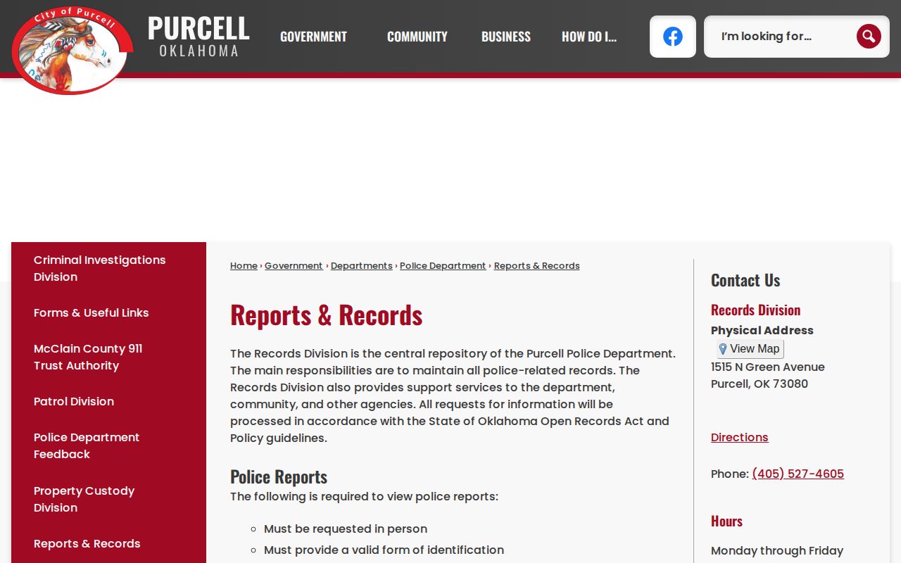 Purcell Police Records official page for Purcell arrest records
